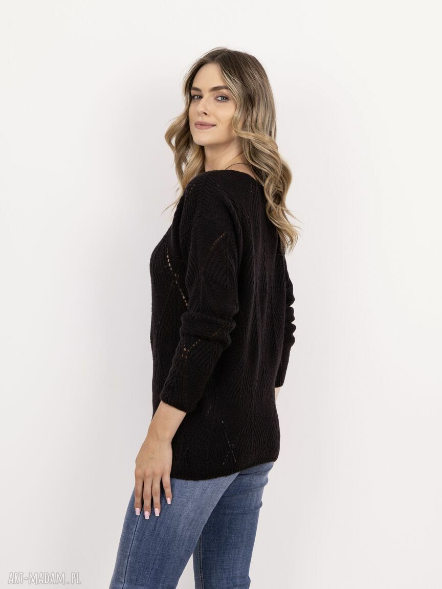 Sweter ażurowy w serek SWE341 czarny MKM - ręcznie robiony