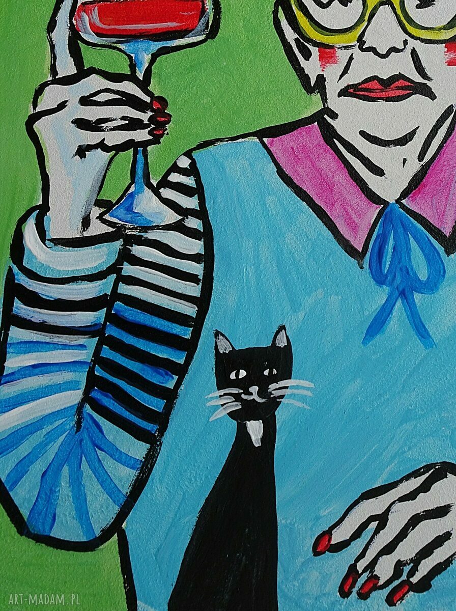 Obraz Babcia z lampką wina - akryl na płycie 21 x 29 cm, limitowana edycja