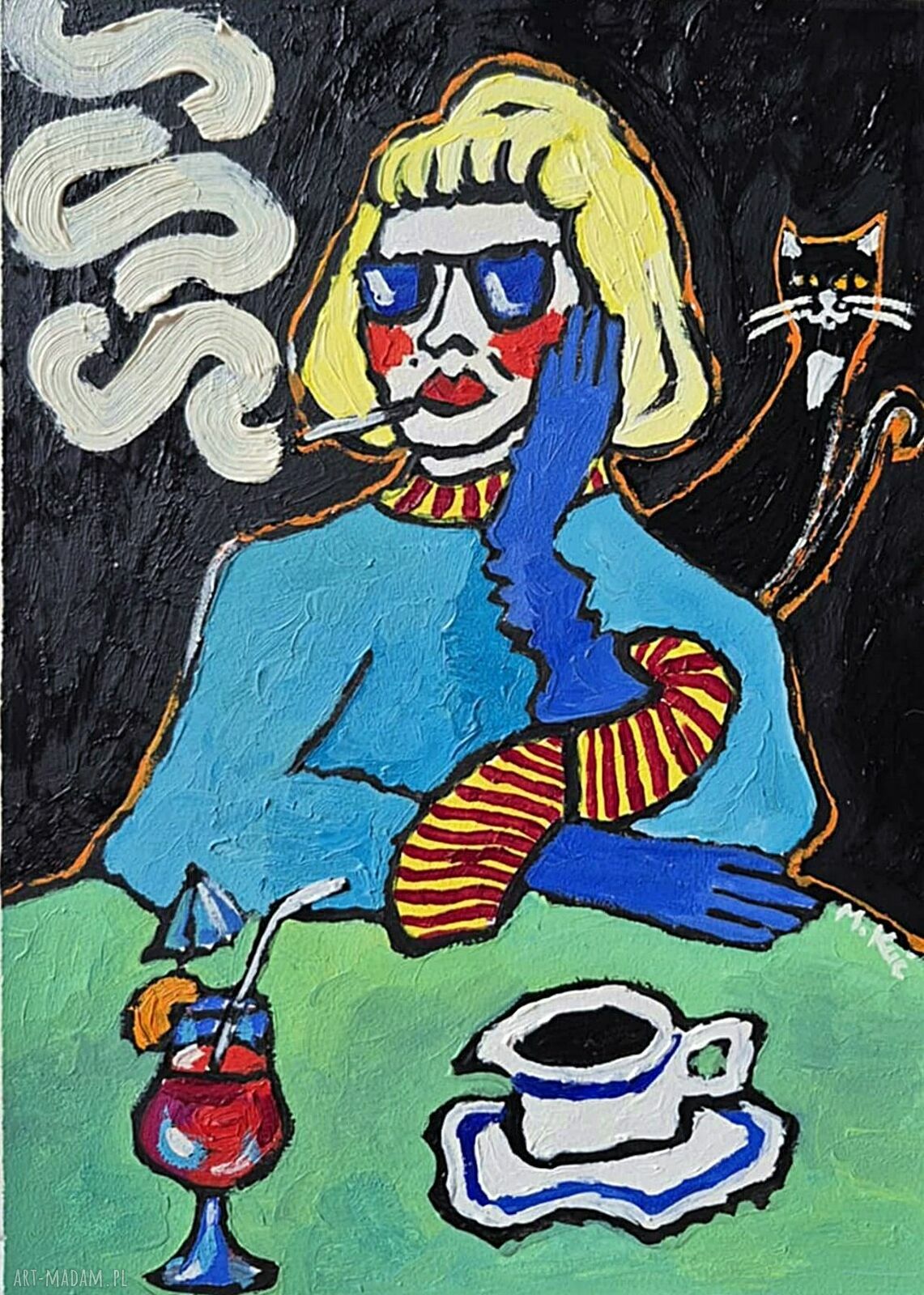 Obraz olejny Babcia przy zielonym stole z kotem - limitowana edycja 21 x 29 cm