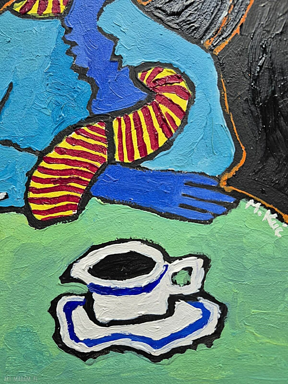 Obraz olejny Babcia przy zielonym stole z kotem limitowana edycja 21 x 29 cm
