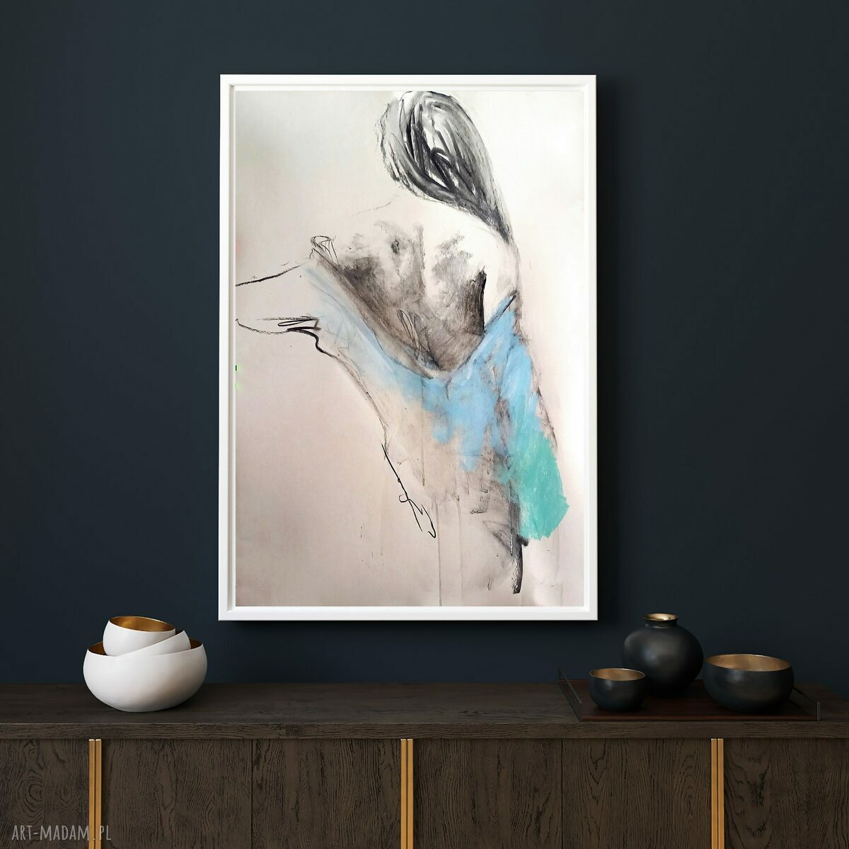 Baby Blue 100x70 - autorski rysunek kobiety w błękitach i turkusie do sypialni