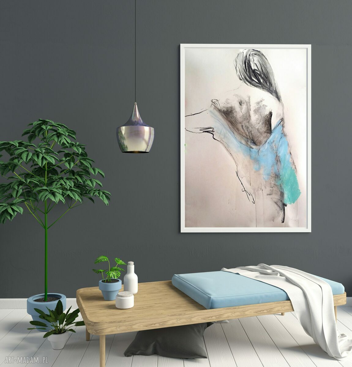 Baby Blue 100x70 - autorski rysunek kobiety w błękitach i turkusie do sypialni