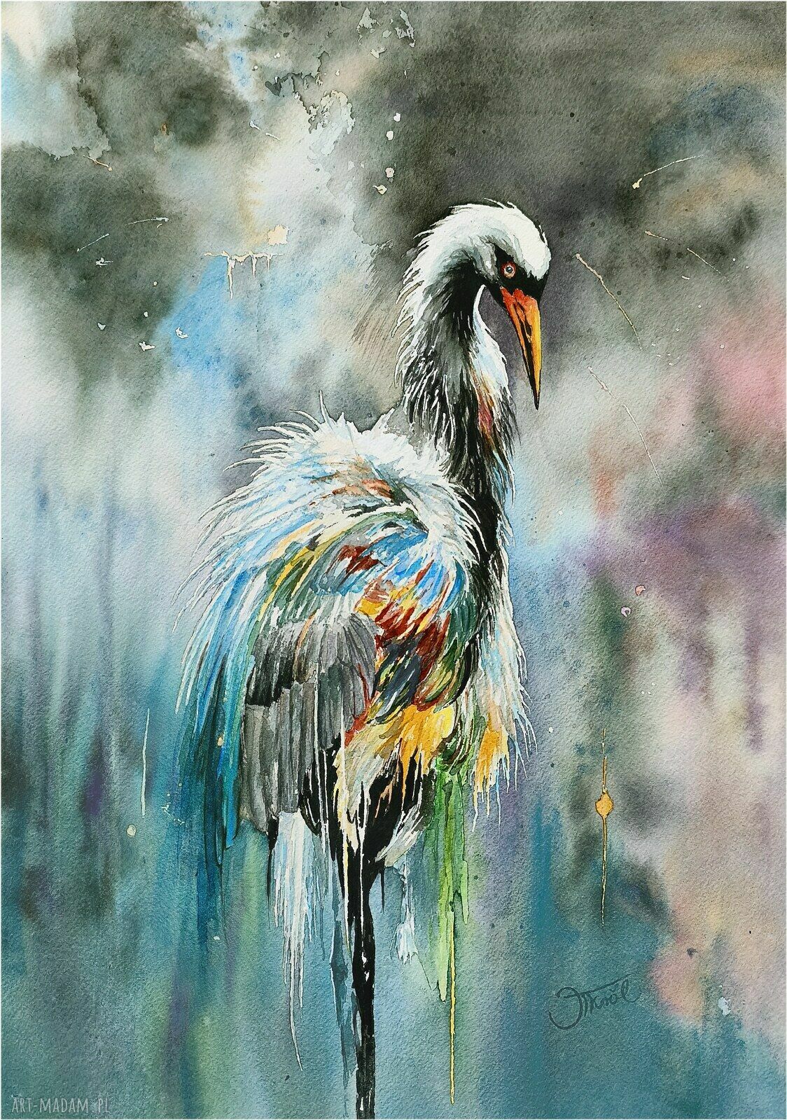Bądź czujnym - akwarela 33 x 46 cm z żurawiami oryginał