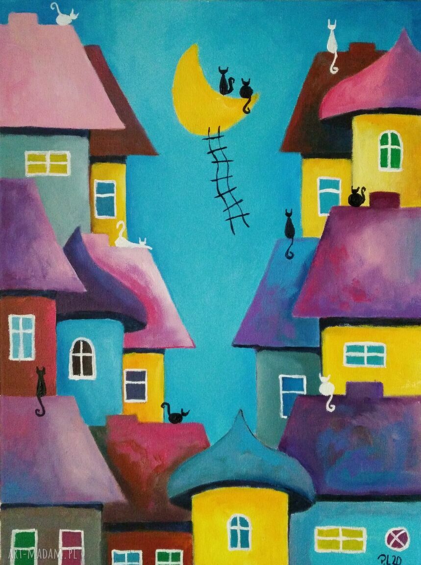 Bajkowe miasteczko - obraz akrylowy z kotami 30x40 cm