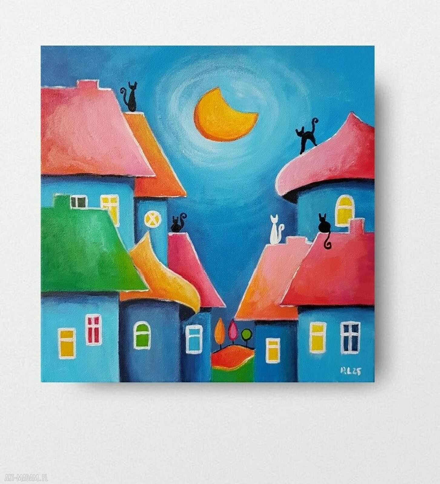 Bajkowe miasteczko kotów - obraz akrylowy 30x30 cm (ręcznie malowany)