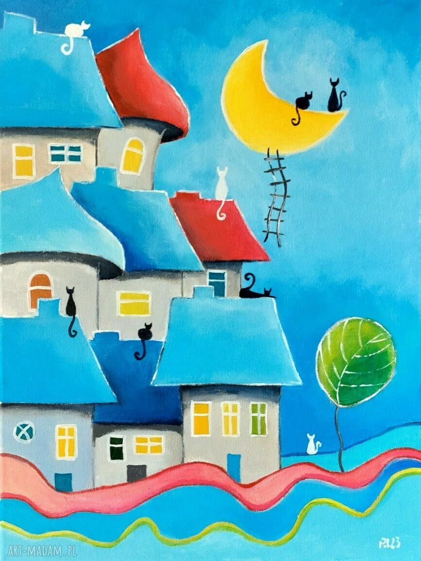 Bajkowe miasteczko kotów - obraz akrylowy 30x40 cm (ręczna praca)