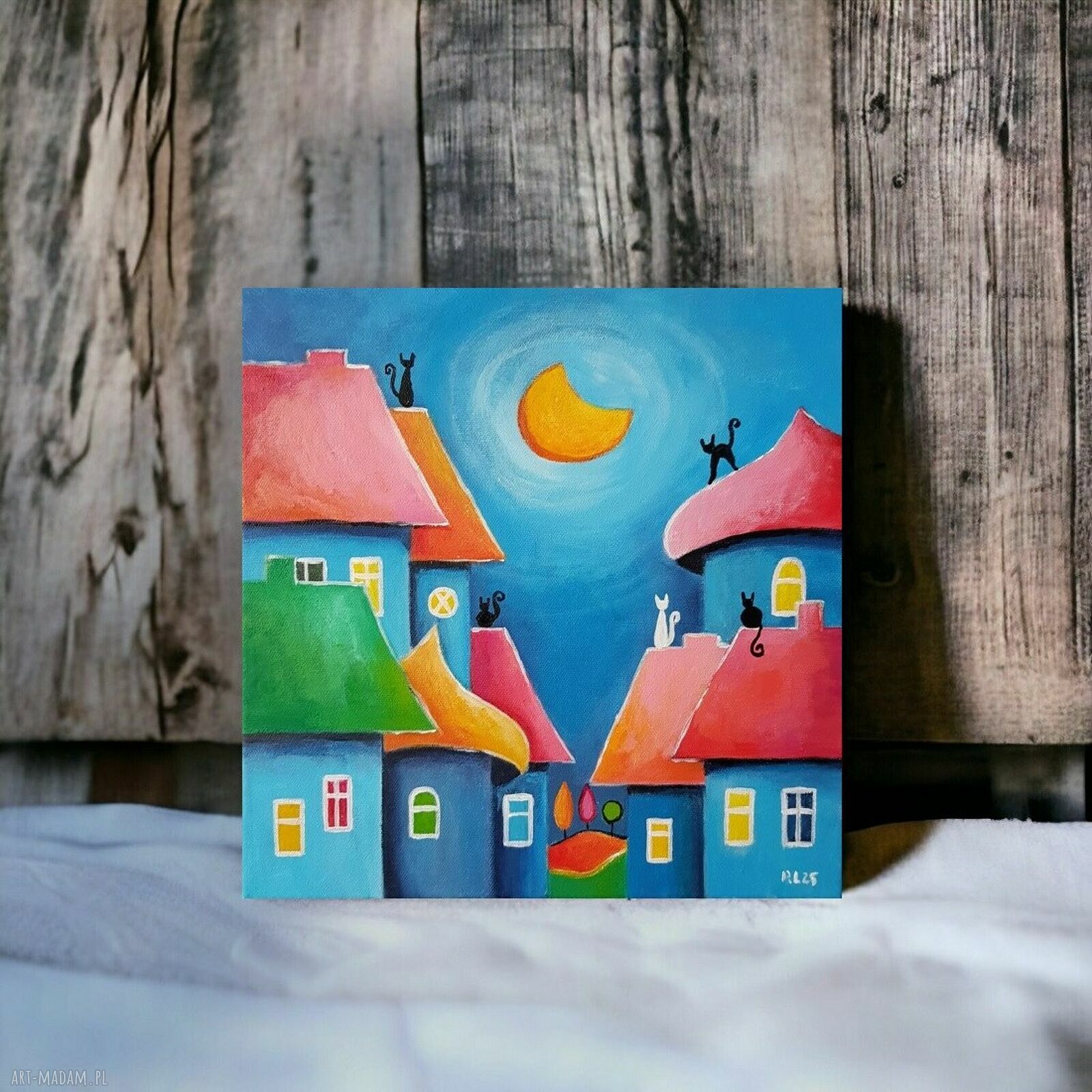 Bajkowe miasteczko kotów - obraz akrylowy 30x30 cm ręcznie malowany