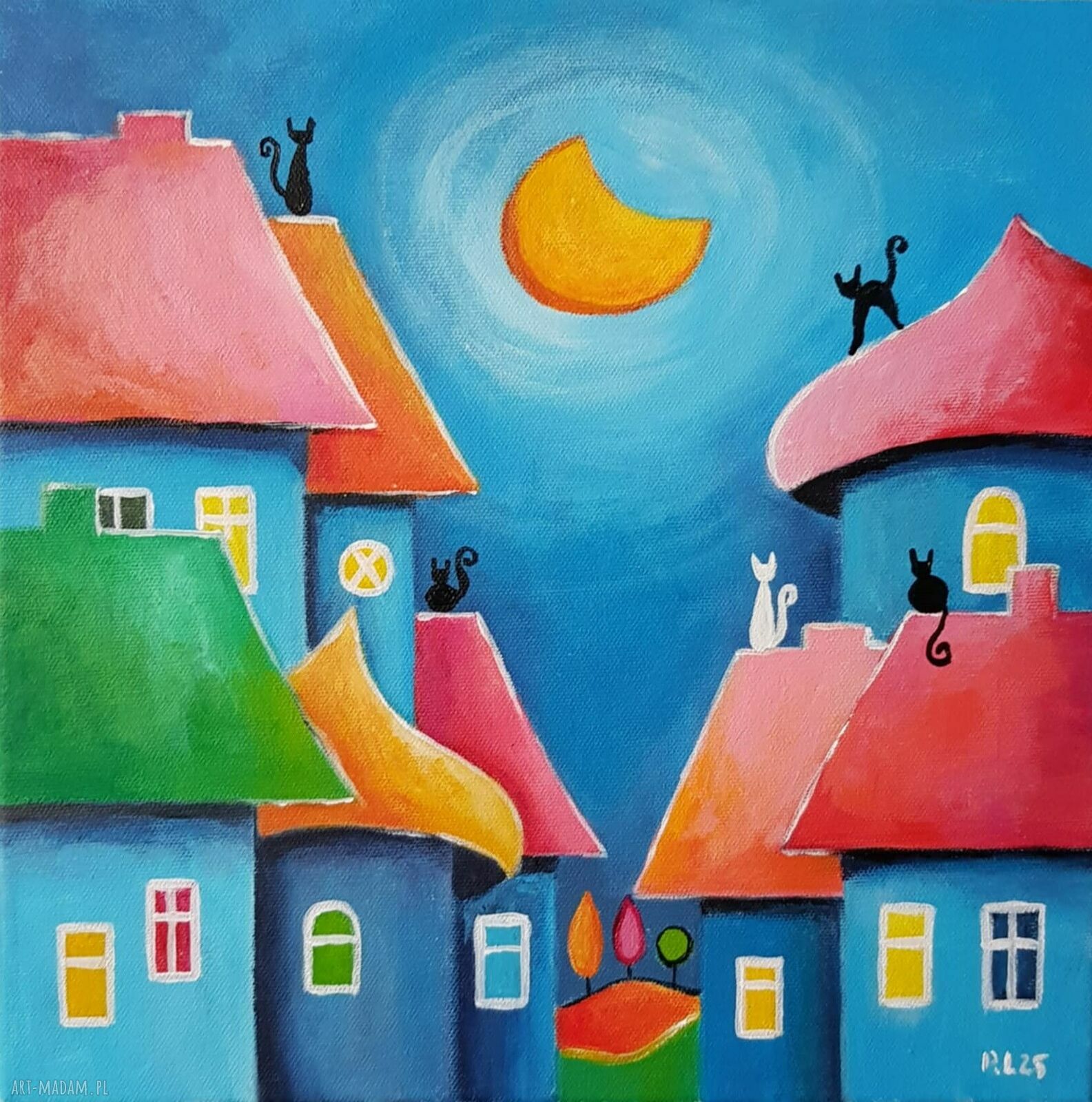 Bajkowe miasteczko kotów - obraz akrylowy 30x30 cm (ręcznie malowany)