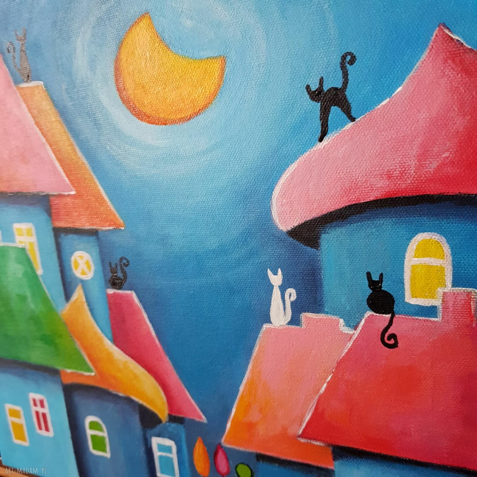 Bajkowe miasteczko kotów - obraz akrylowy 30x30 cm (ręcznie malowany)