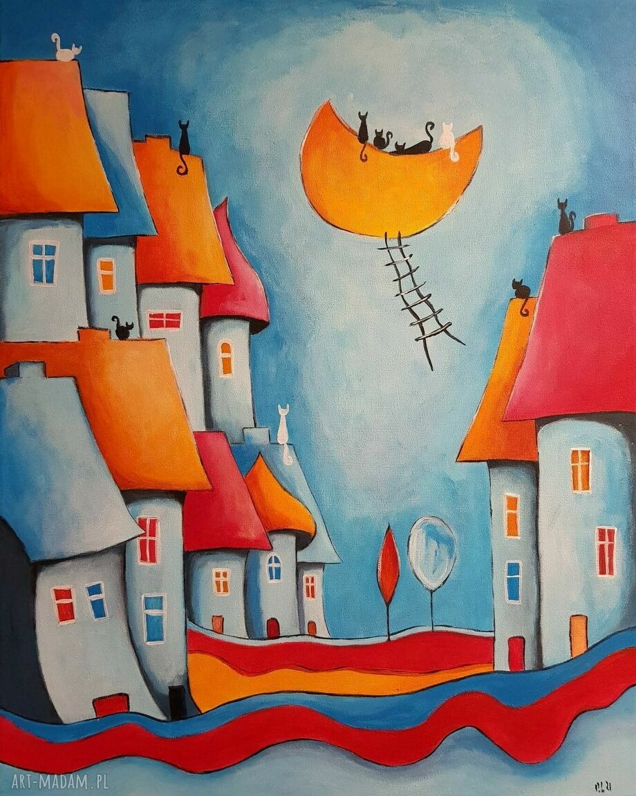 Bajkowe miasteczko kotów - obraz akrylowy 40x50 cm (domki, koty)
