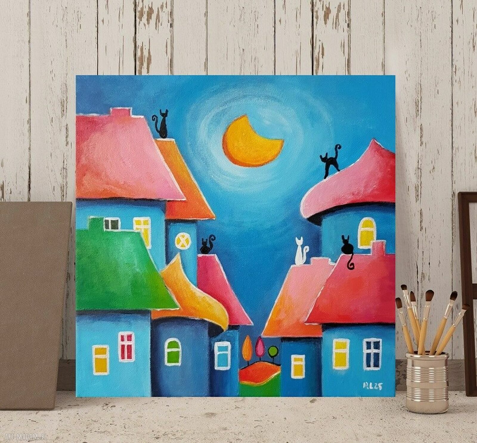 Bajkowe miasteczko kotów - obraz akrylowy 30x30 cm (ręcznie malowany)