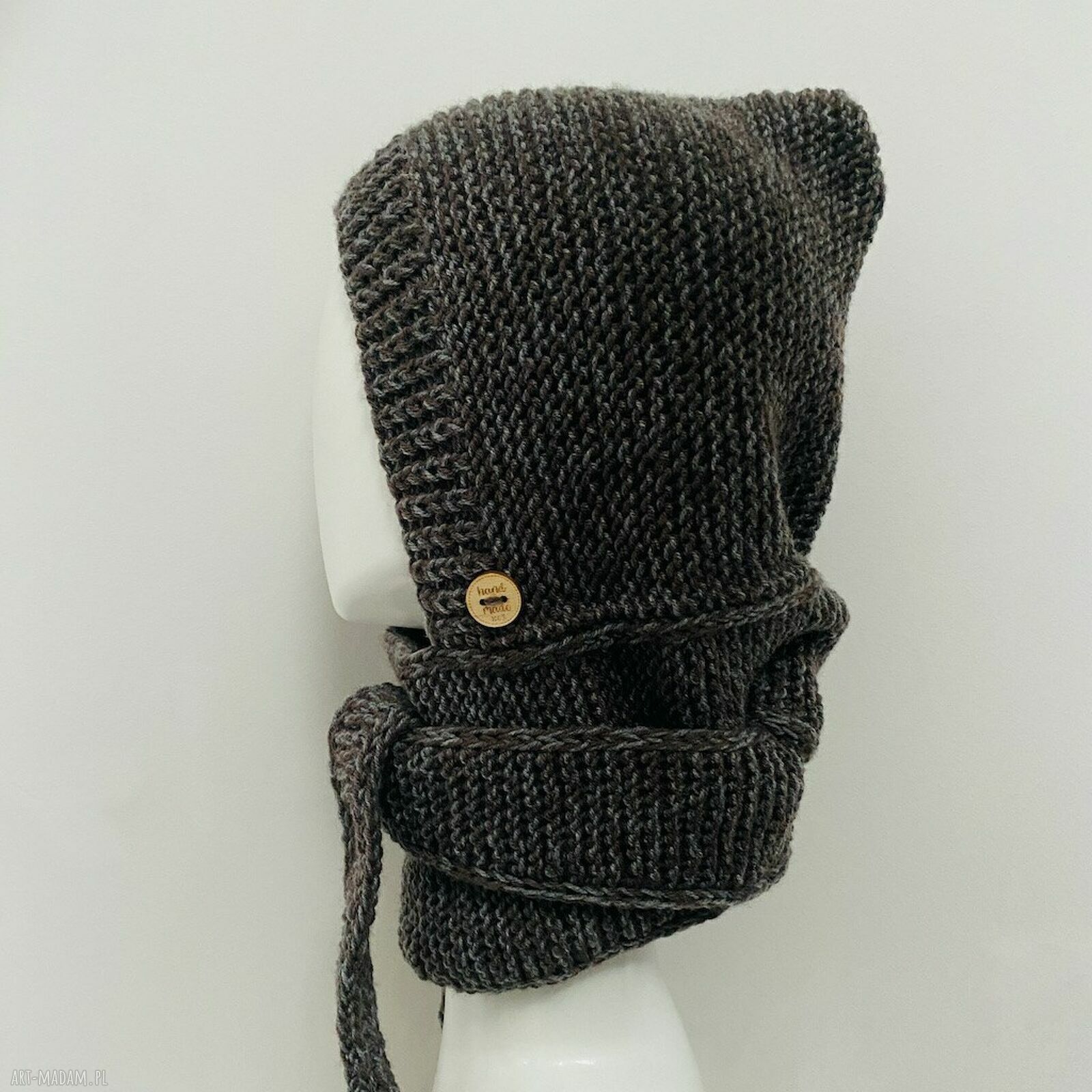 Balaclava-kominiarka z szalikiem - brąz i szarość, ręcznie na drutach