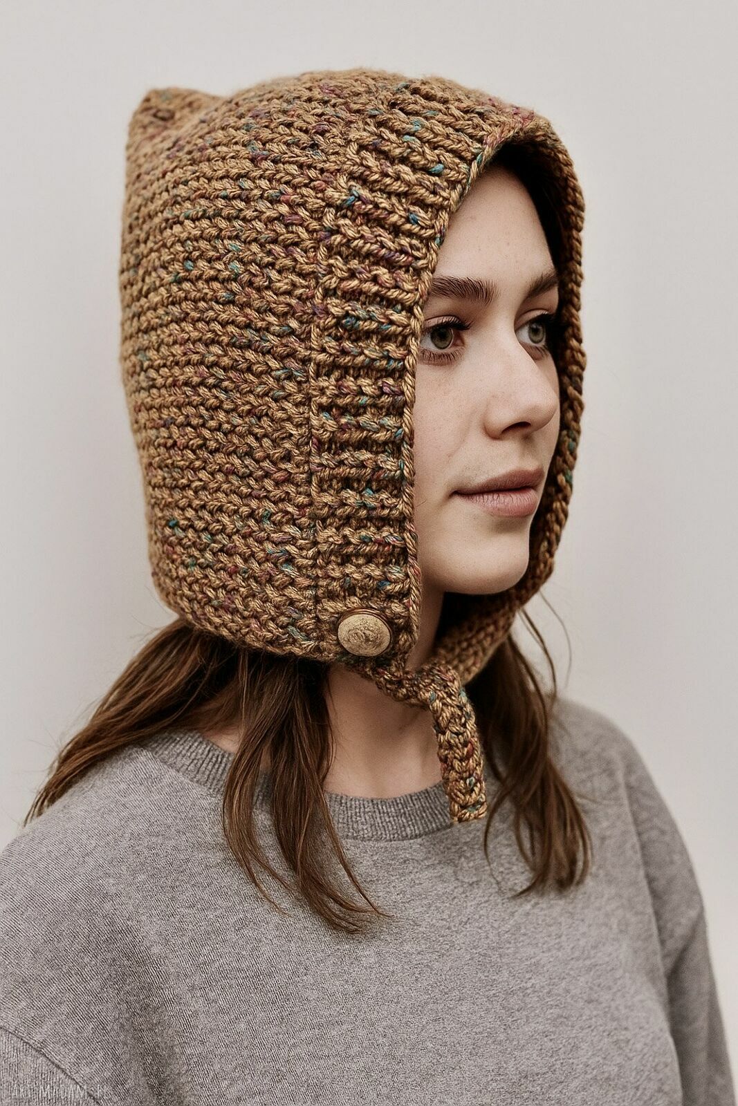 Balaclava-kominiarka kaptur z wełną merino i bawełną - handmade