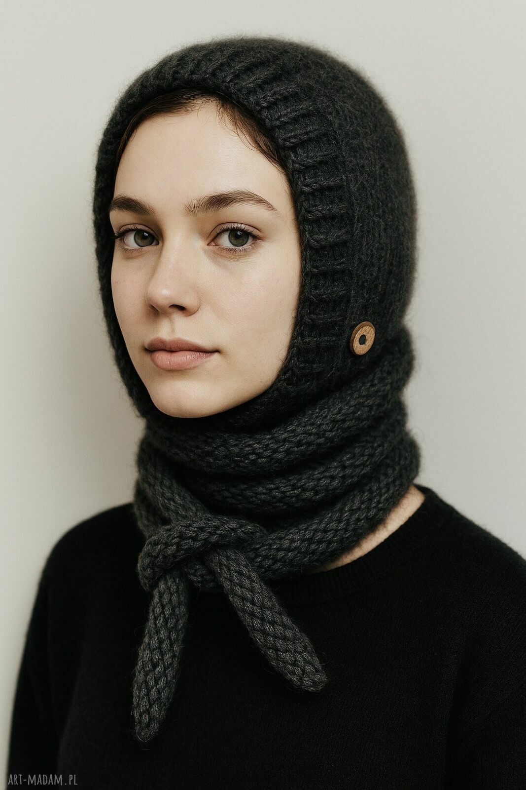 Ręcznie robiona balaclava - kominiarka z kapturem zamiast czapki z merino i alpaki