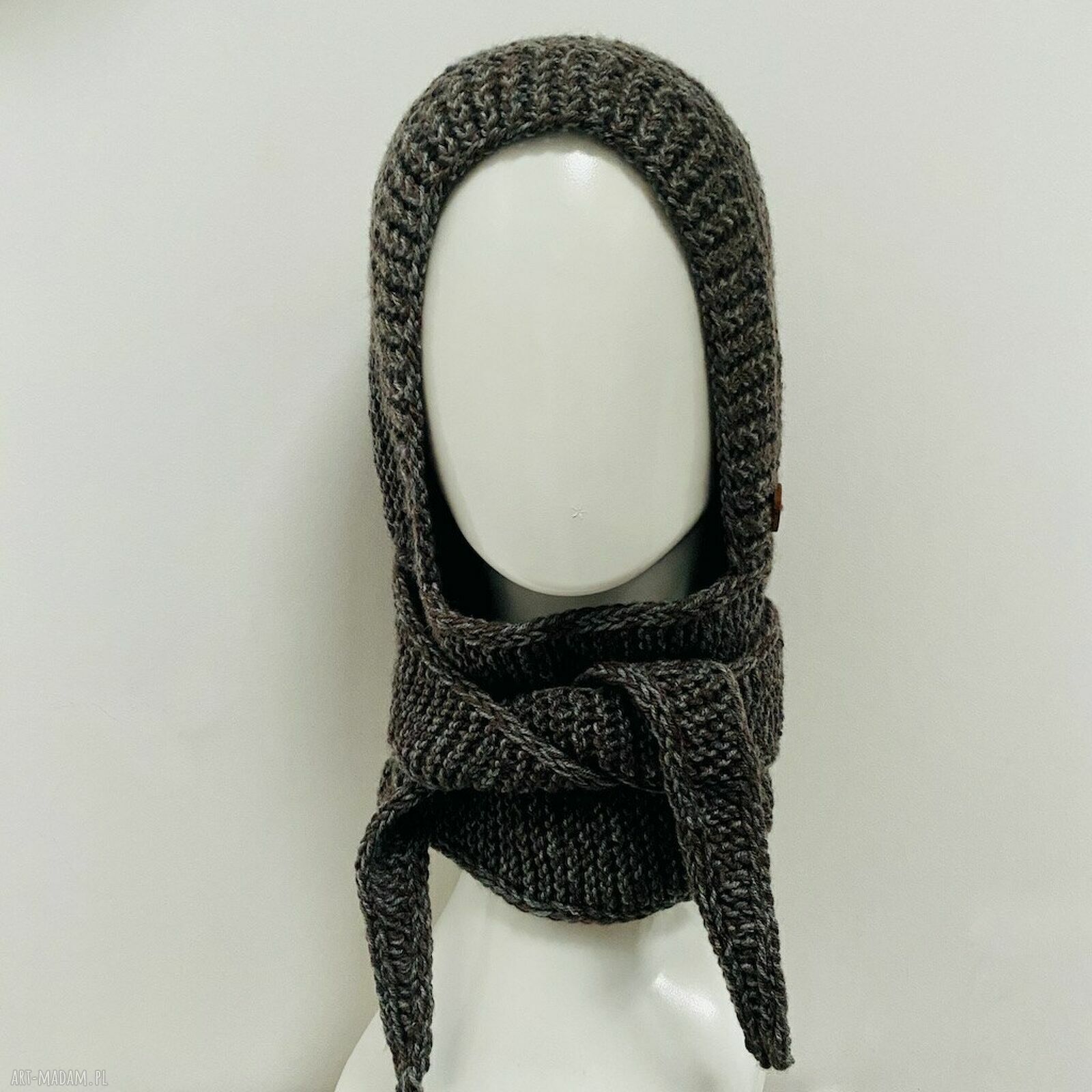 Balaclava-kominiarka z szalikiem - brąz i szarość, ręcznie na drutach