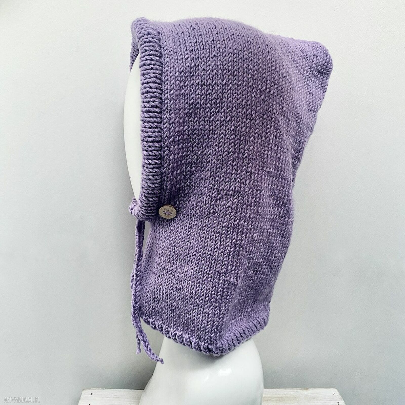Liliowa balaclava oversize z merino - kominiarka z kapturem zamiast czapki