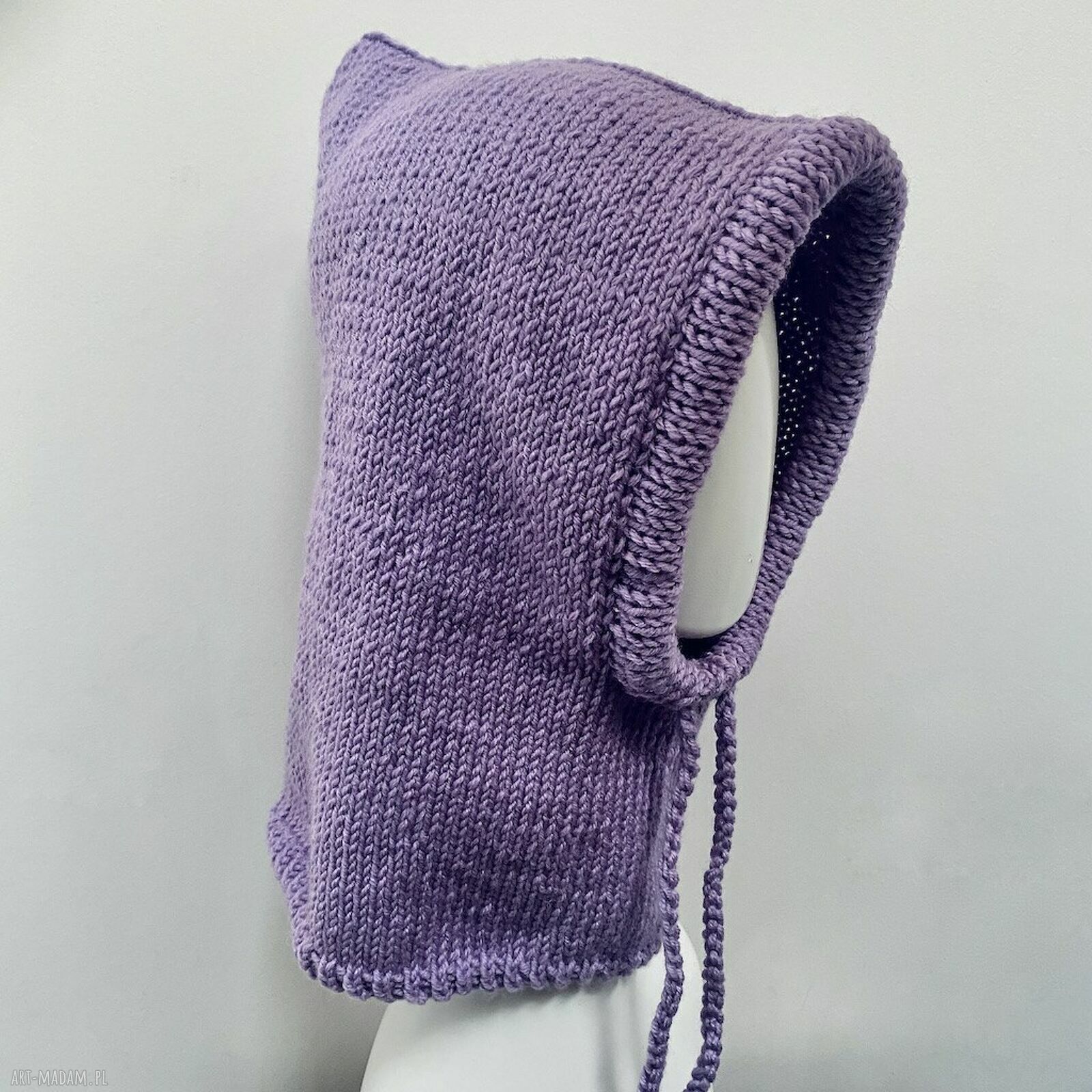 Liliowa balaclava oversize z merino - kominiarka z kapturem zamiast czapki