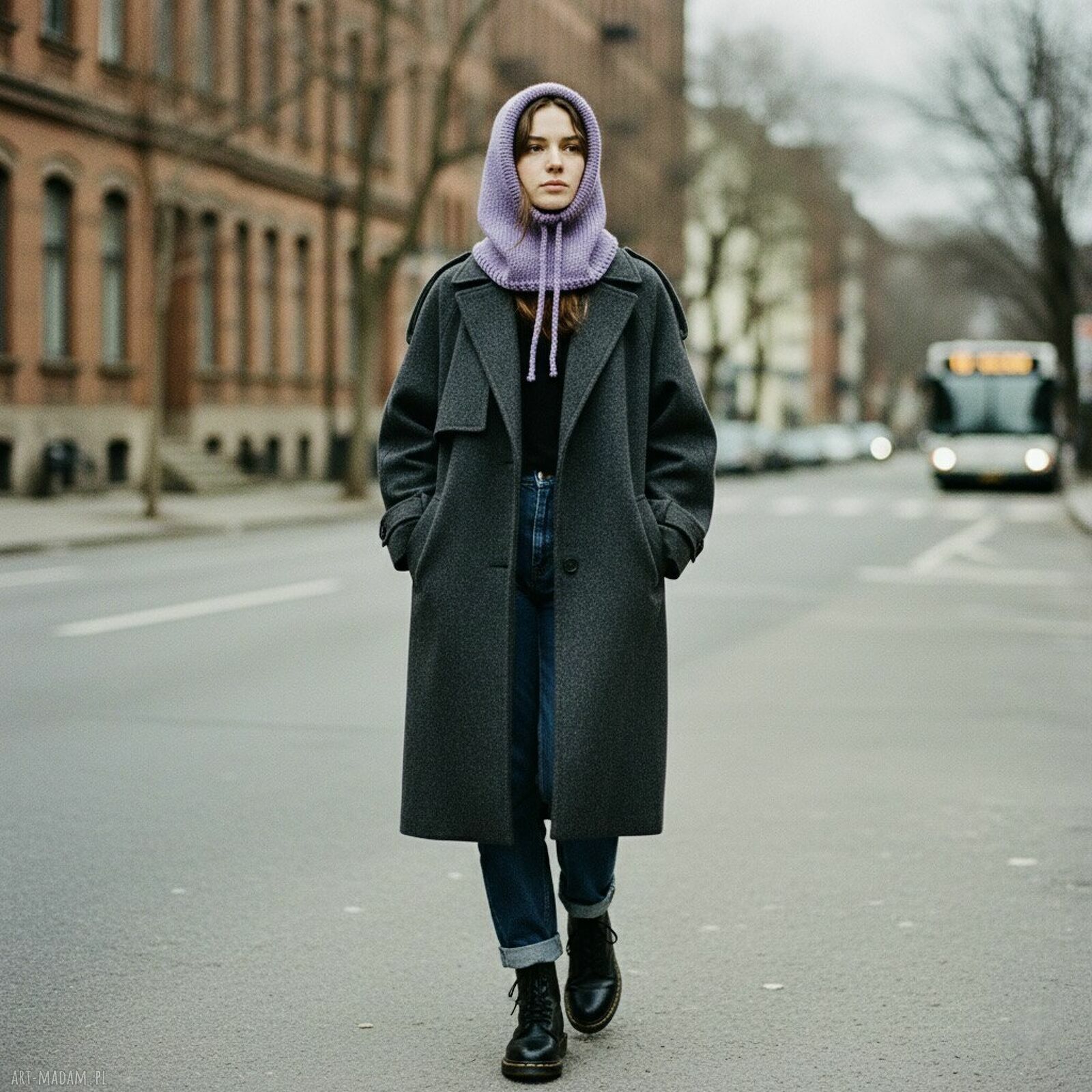 Liliowa balaclava oversize z merino - kominiarka z kapturem zamiast czapki