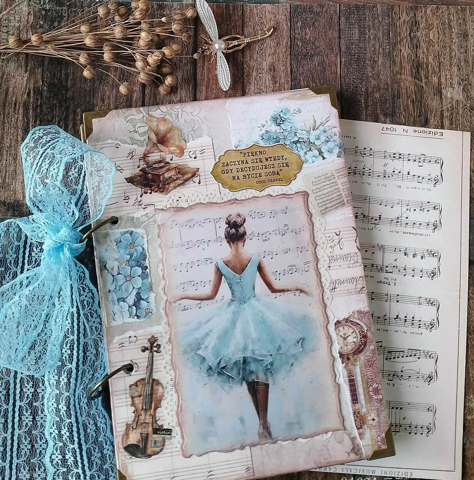 Ręcznie wykonany notes A5 z baleriną w stylu vintage