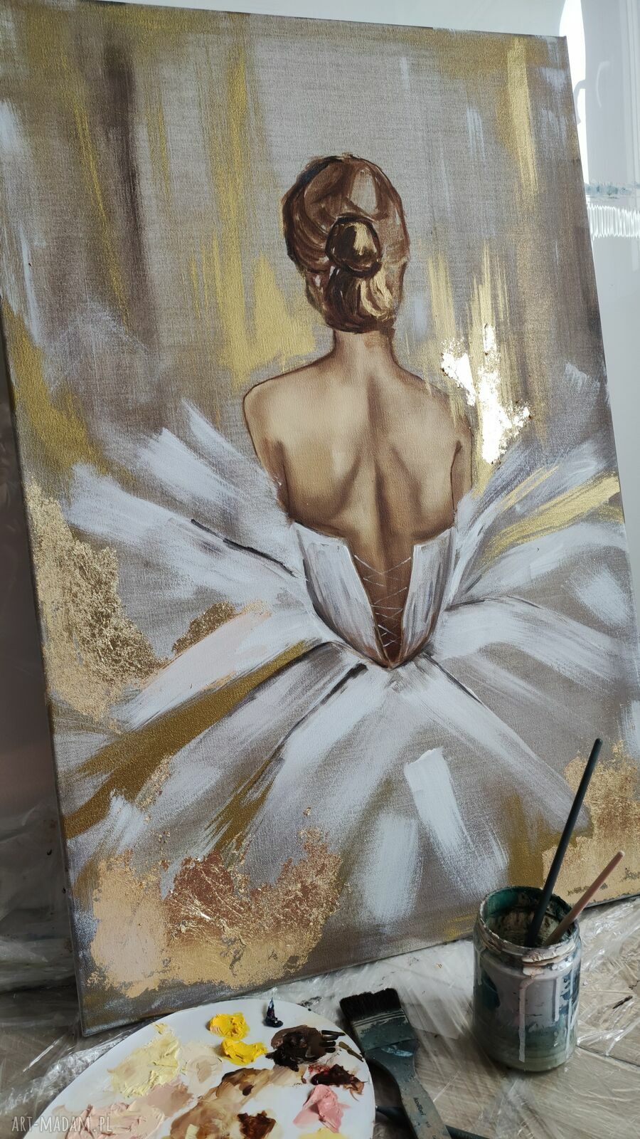 Baletnica na lnianym płótnie - ręcznie malowany obraz olejny 70x100 cm