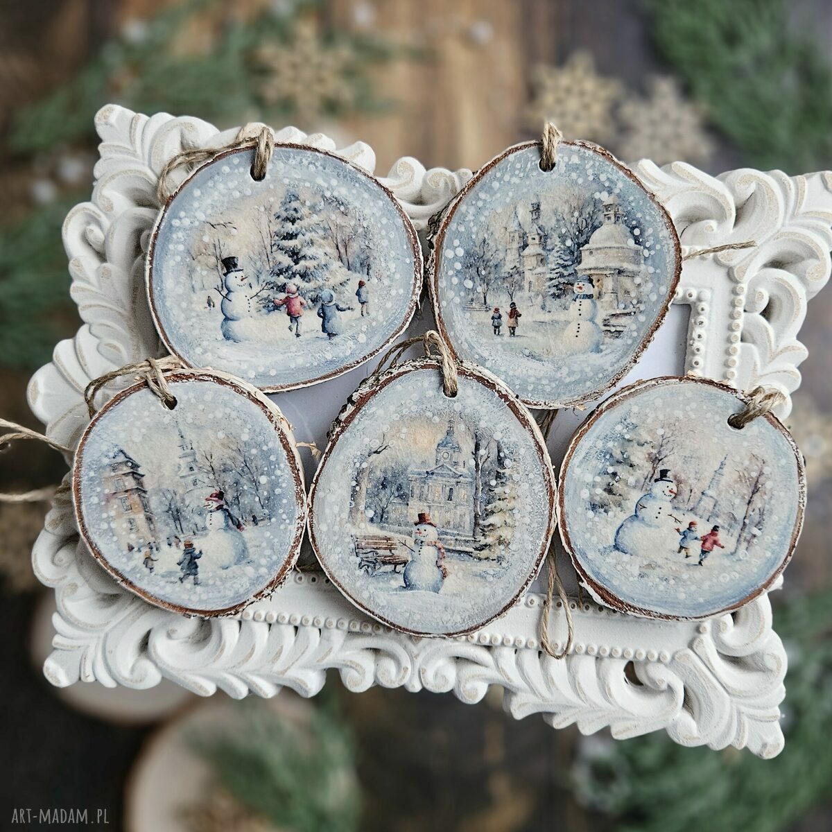 Prezenty święta. Zimowe plasterki dekoracje choinkowe decoupage