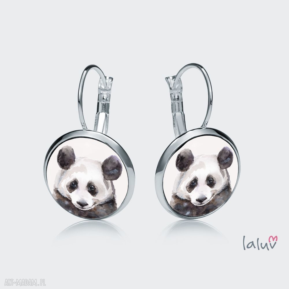 Kolczyki wiszące PANDA - ręcznie robione, antyalergiczne srebrne kaboszon