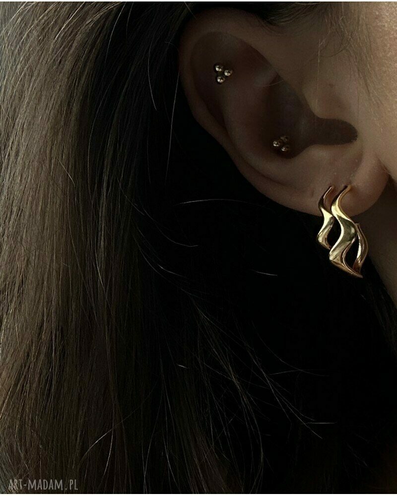 kolczyki: Złote kolczyki duże falowane półkola ręcznie wykonane