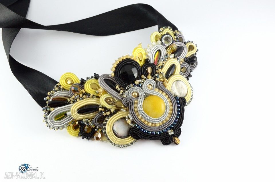 Czarno szaro żółty naszyjnik sutaszowy glamour sutasz soutache