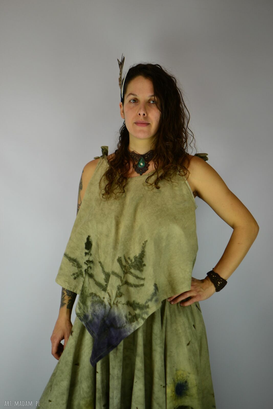 Barwiona roślinami bluzka "Nimfa z Głębin" - eco print na bawełnie 100% (Zielekada)