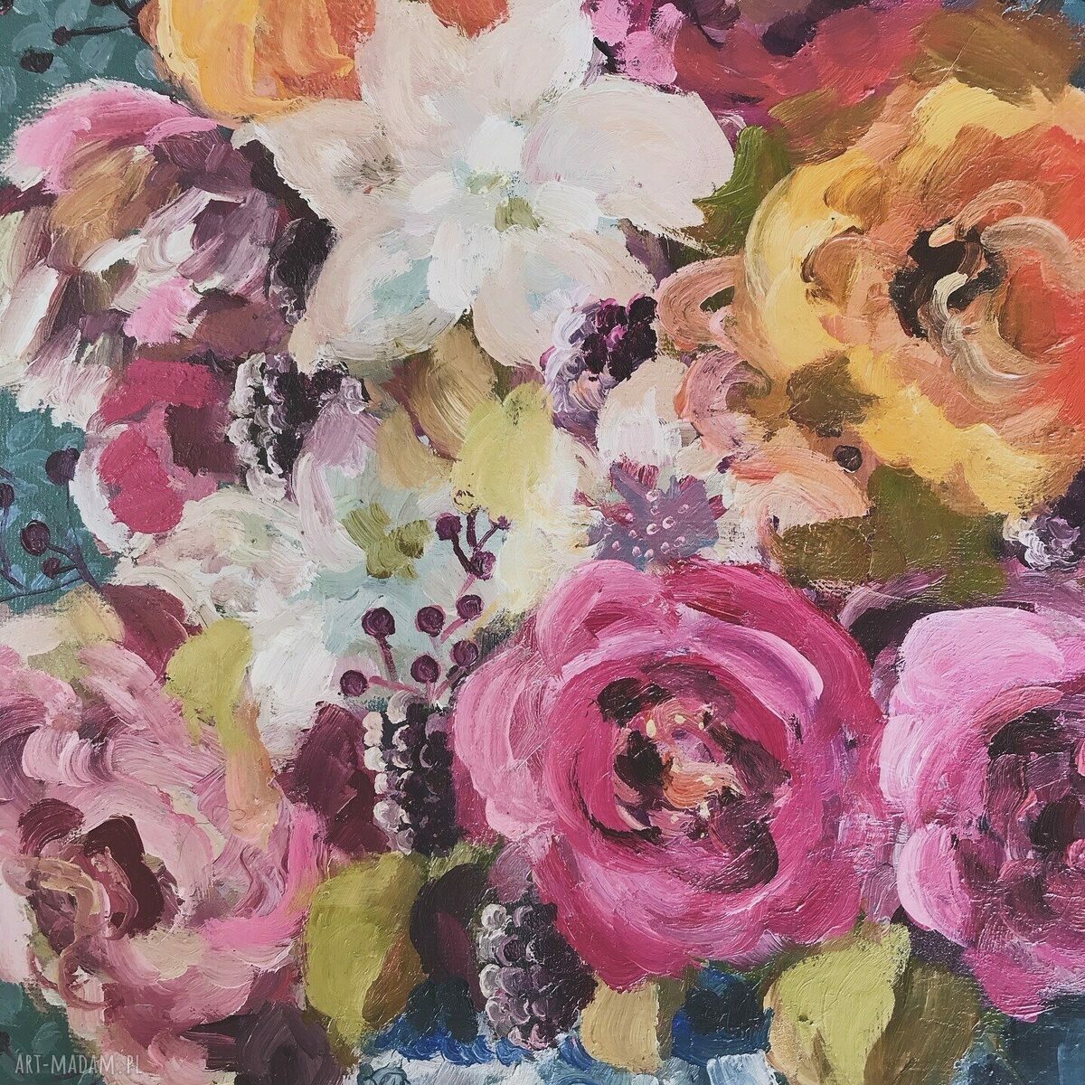 Barwne zamieszanie - ręcznie malowany obraz z kwiatami w wazonie (50x40 cm)