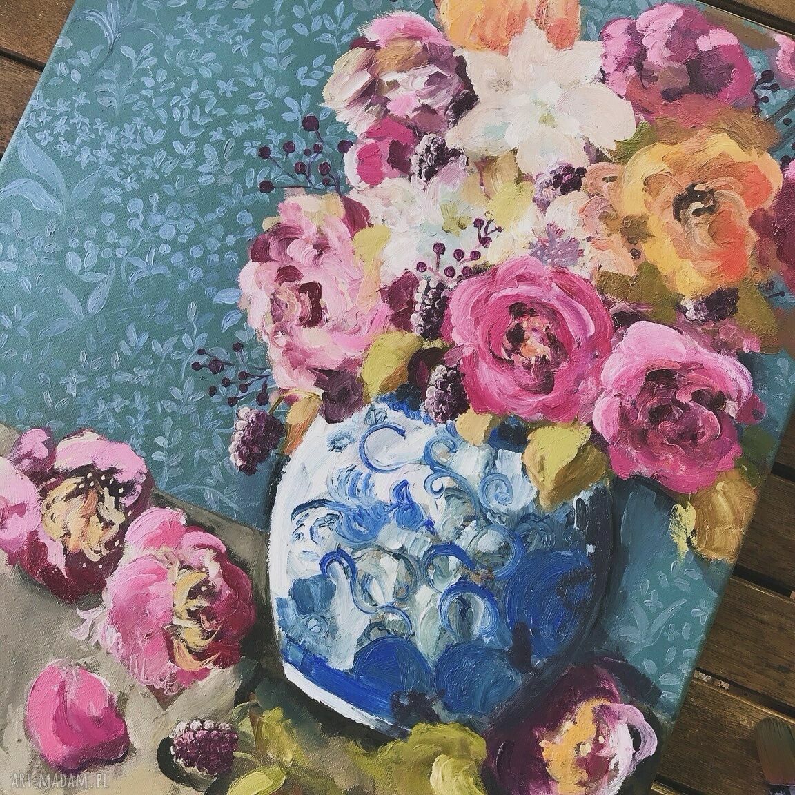 Barwne zamieszanie - ręcznie malowany obraz z kwiatami w wazonie (50x40 cm)