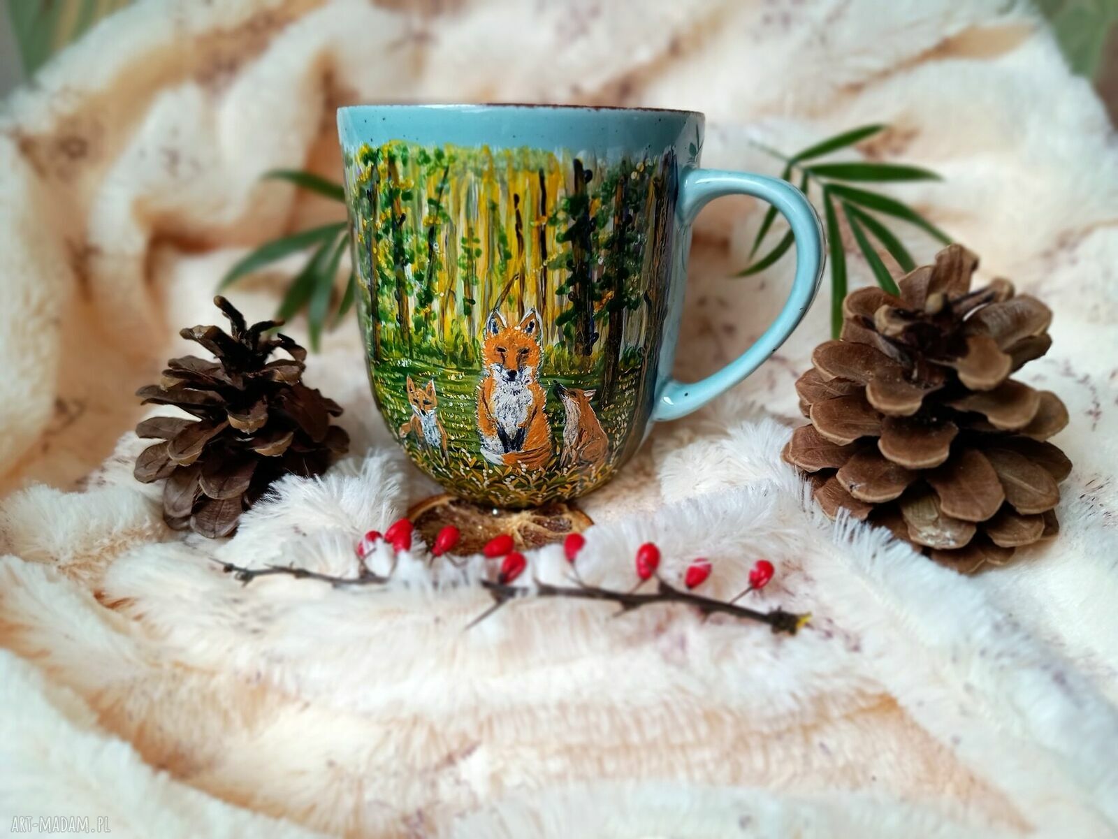 Barwny malowany kubek z lisią rodziną w tajemniczym lesie 300 ml