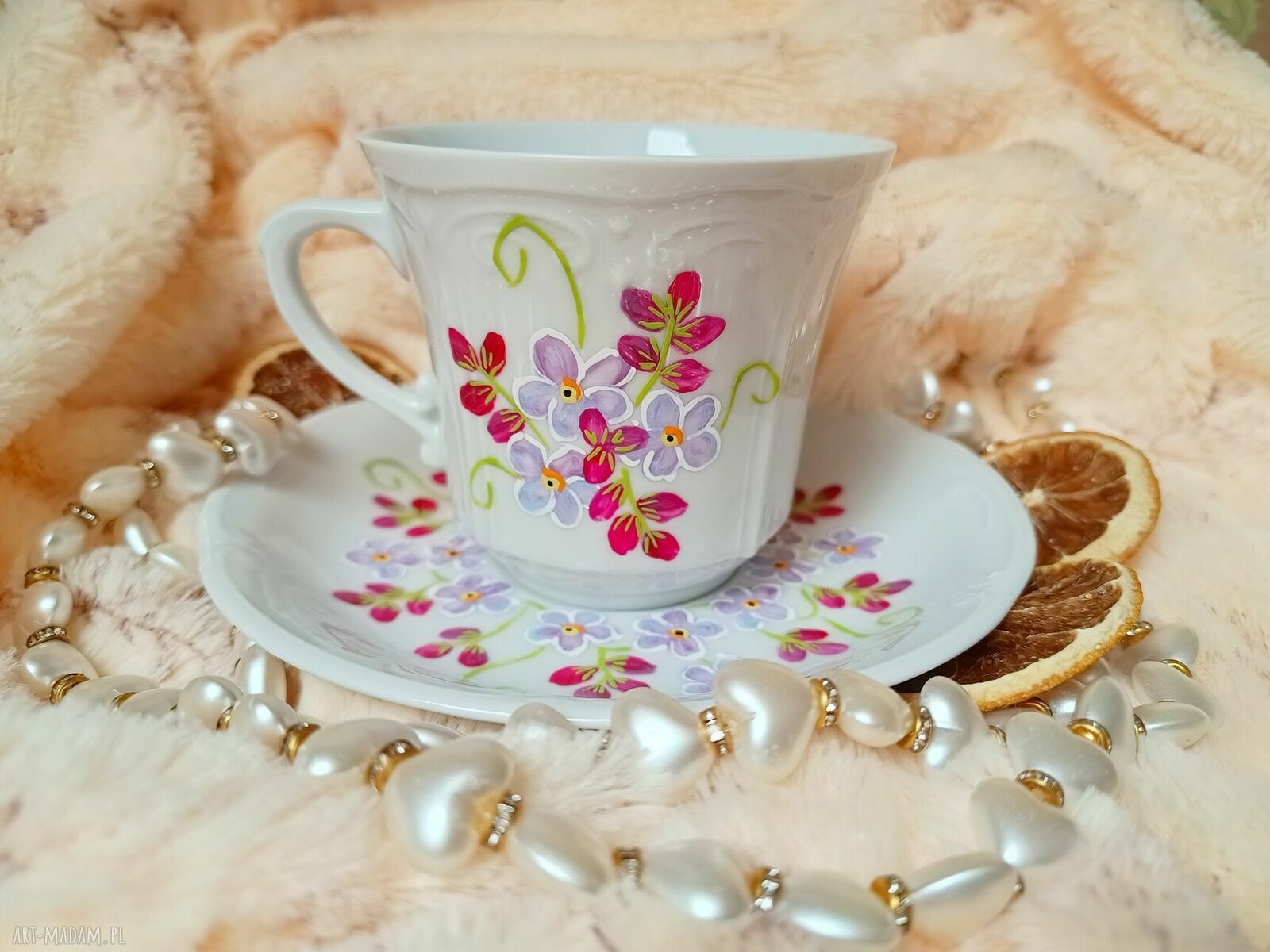 Komplet porcelanowy Kwiaty 250 ml - ręcznie malowana filiżanka i talerzyk