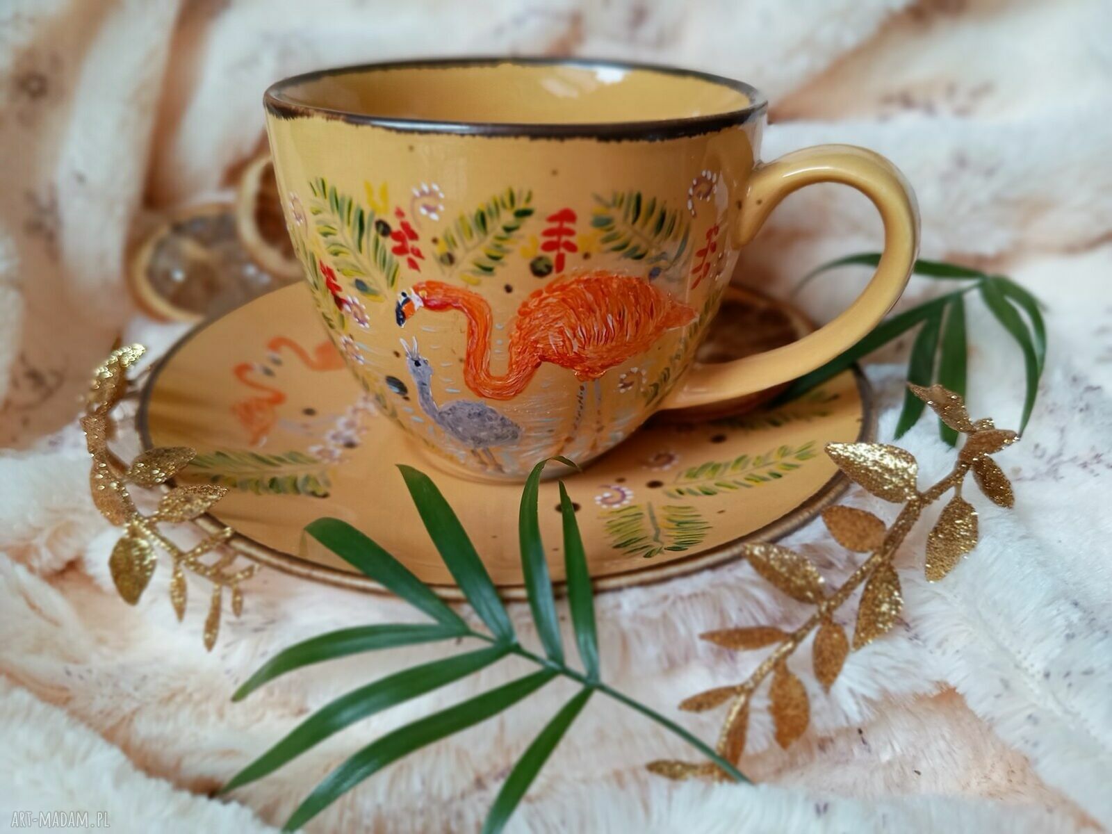 Barwny ręcznie malowany komplet kawowy 300 ml - talerzyk i filiżanka z porcelany