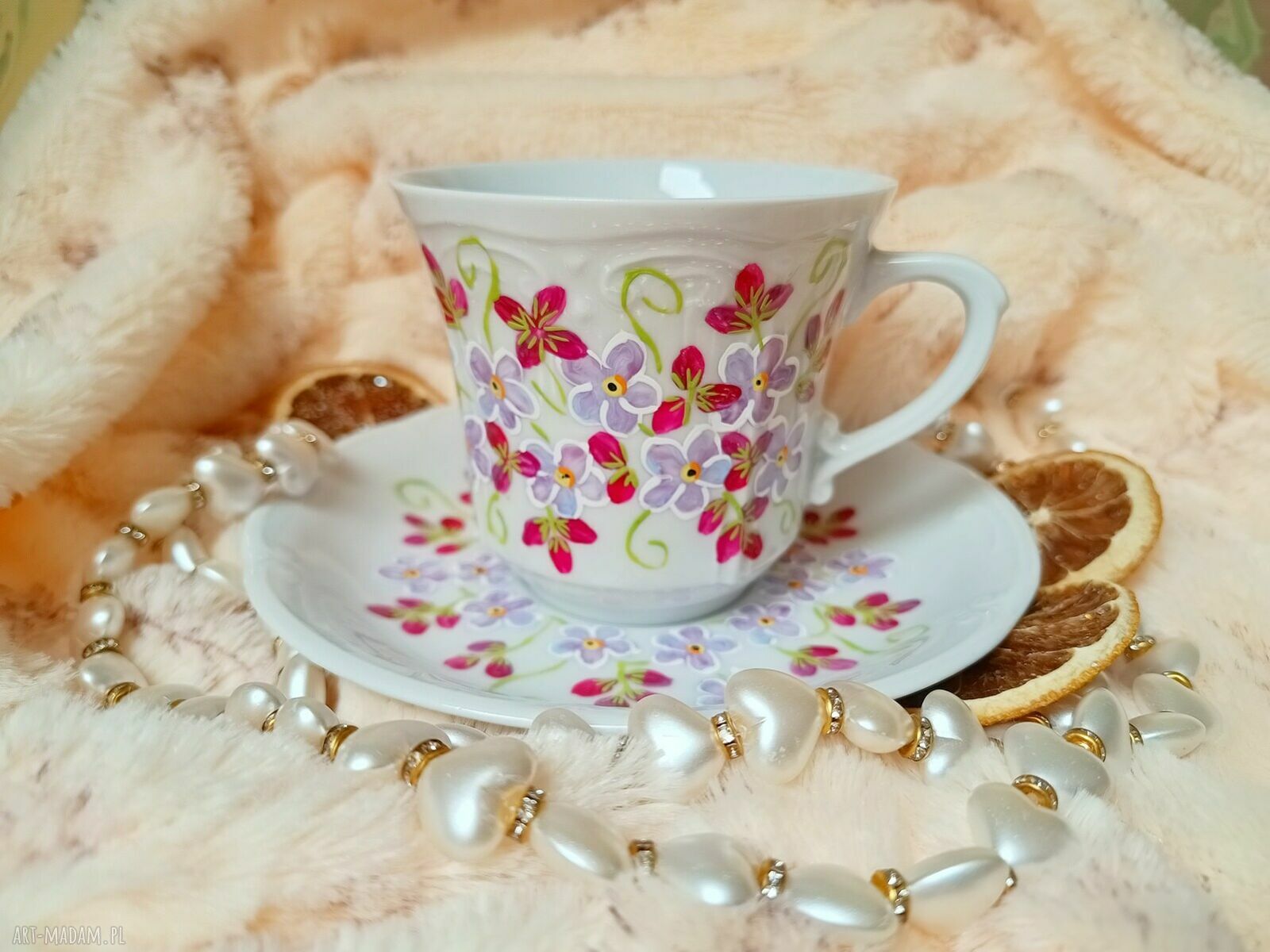 Komplet porcelanowy Kwiaty 250 ml - ręcznie malowana filiżanka i talerzyk
