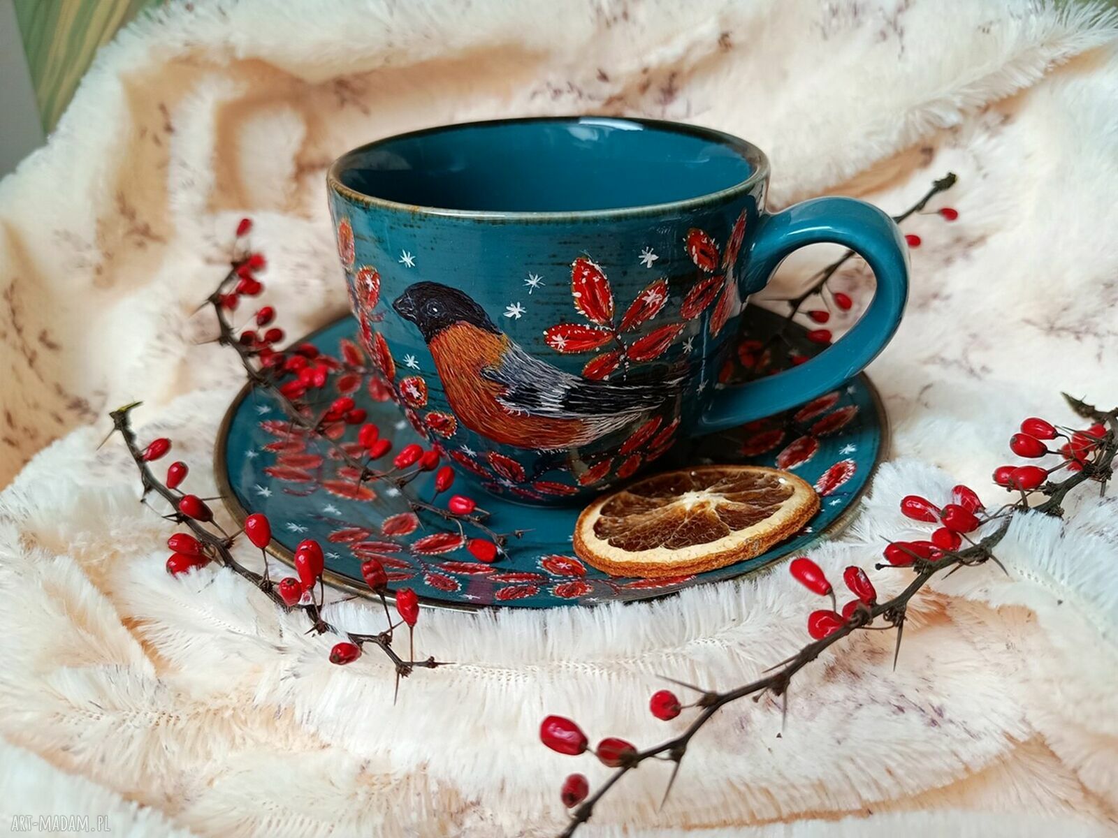 Barwny ręcznie malowany komplet z gilem 300 ml - porcelana z ptasim pejzażem