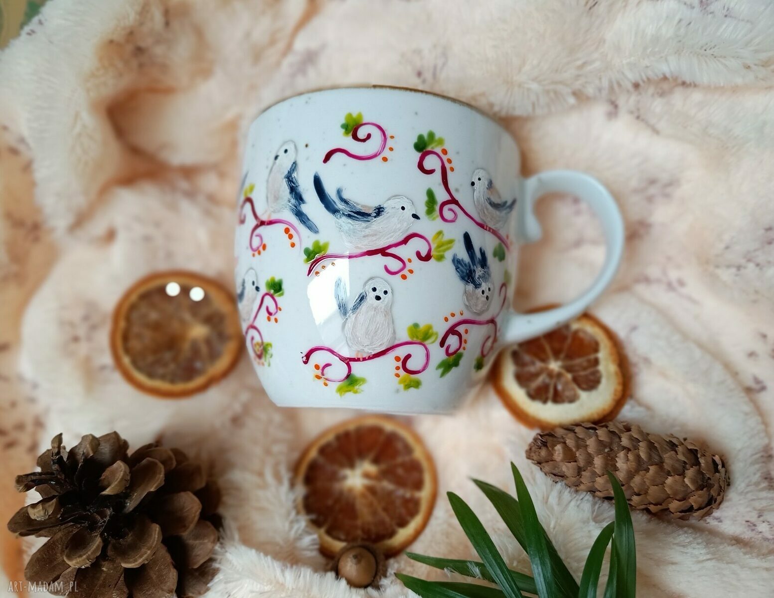 Barwny ręcznie malowany kubek z ptasim rajem raniuszki 480 ml