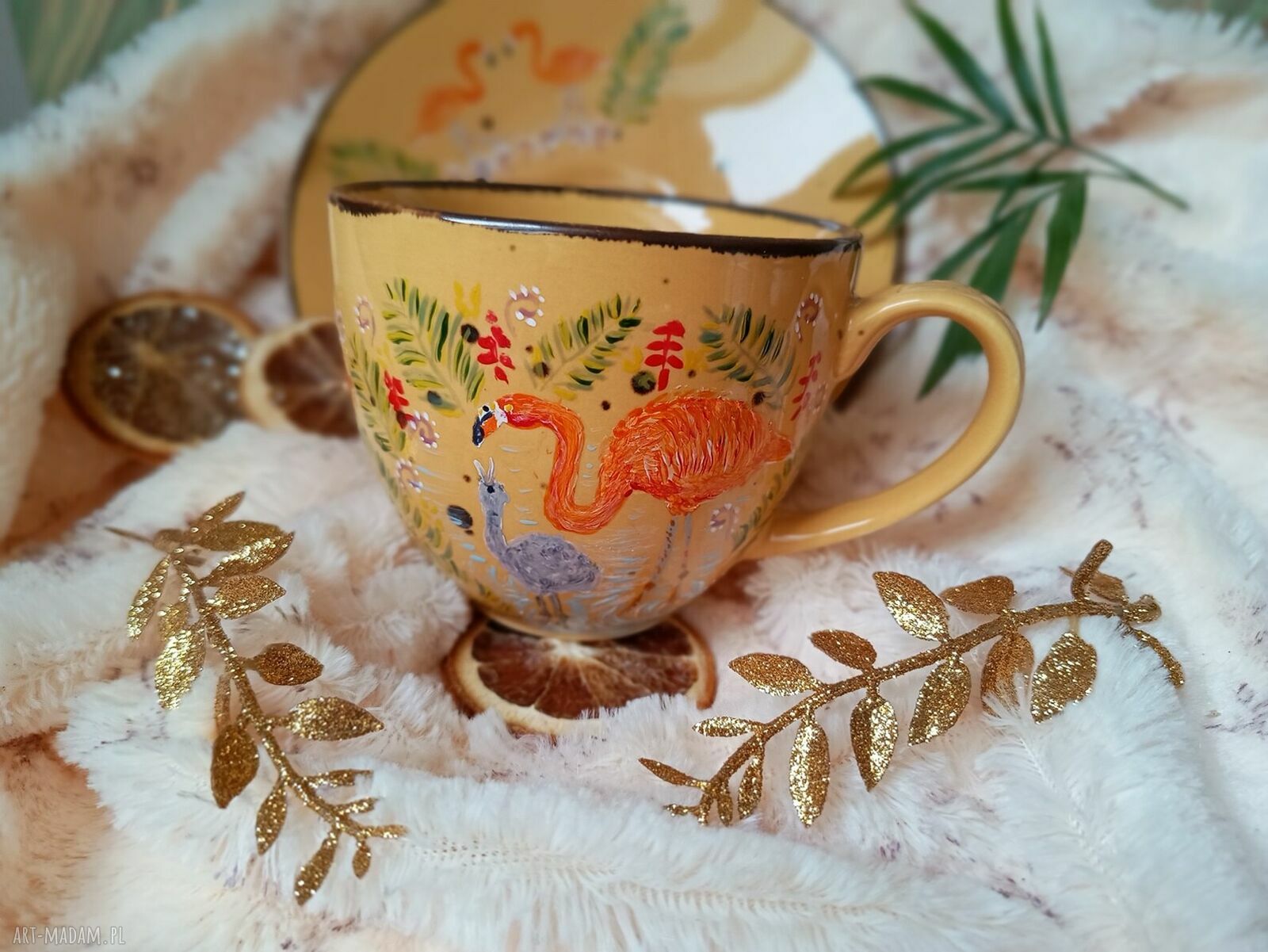 Barwny ręcznie malowany komplet kawowy 300 ml - talerzyk i filiżanka z porcelany