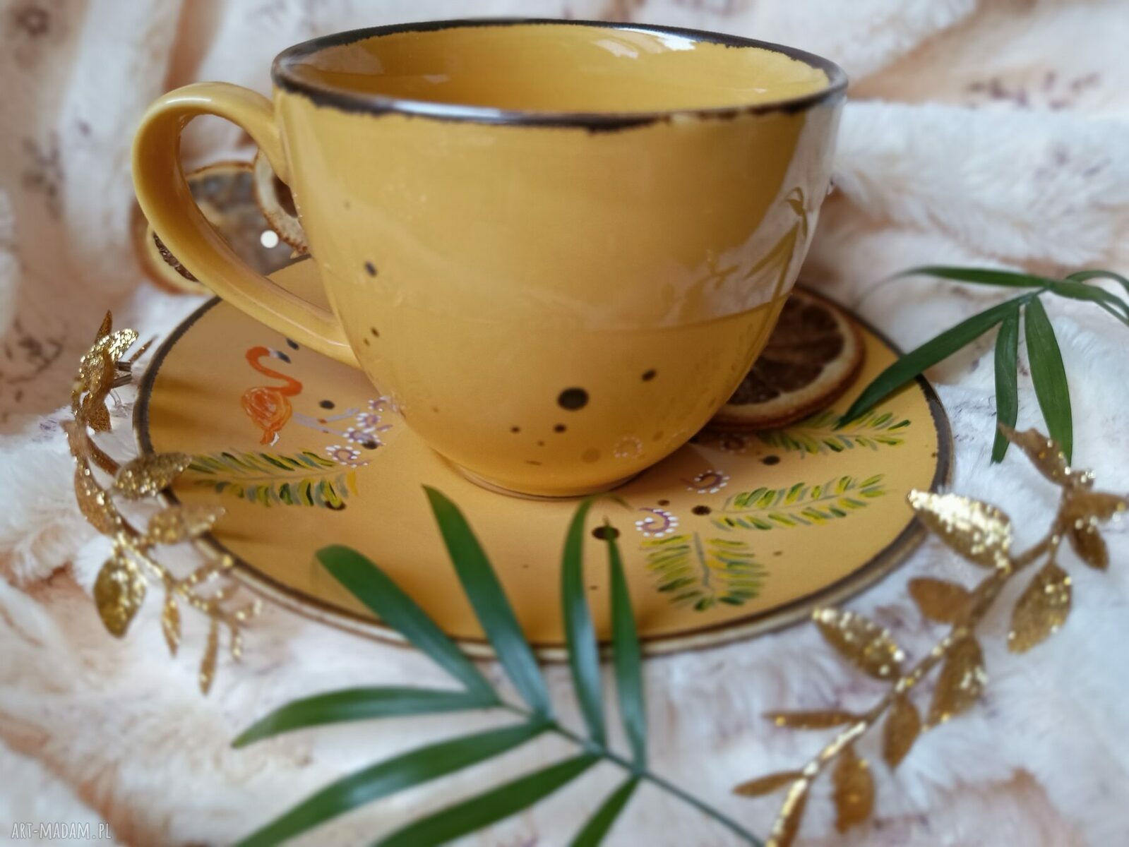 Barwny ręcznie malowany komplet kawowy 300 ml - talerzyk i filiżanka z porcelany