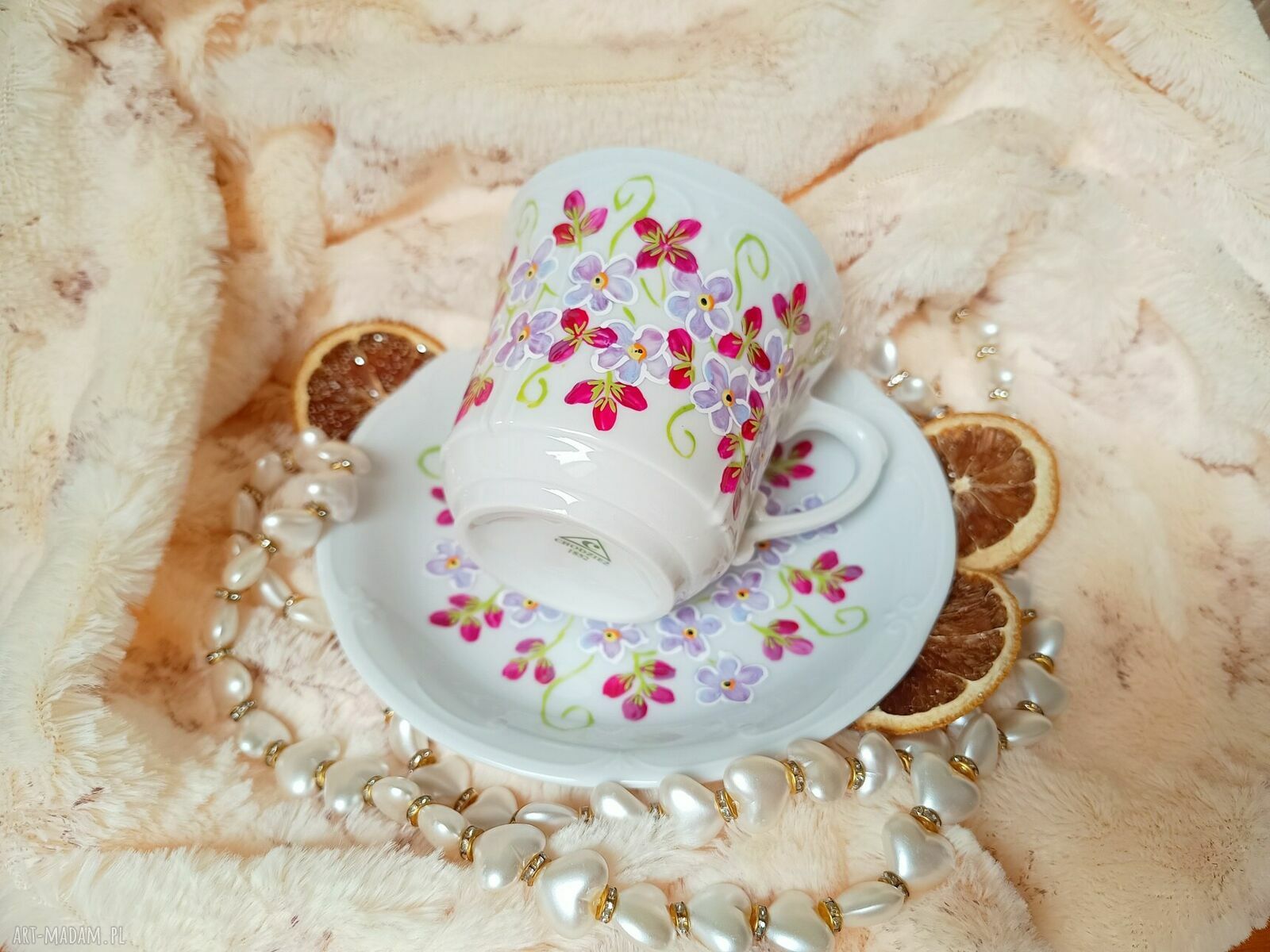 Komplet porcelanowy Kwiaty 250 ml - ręcznie malowana filiżanka i talerzyk