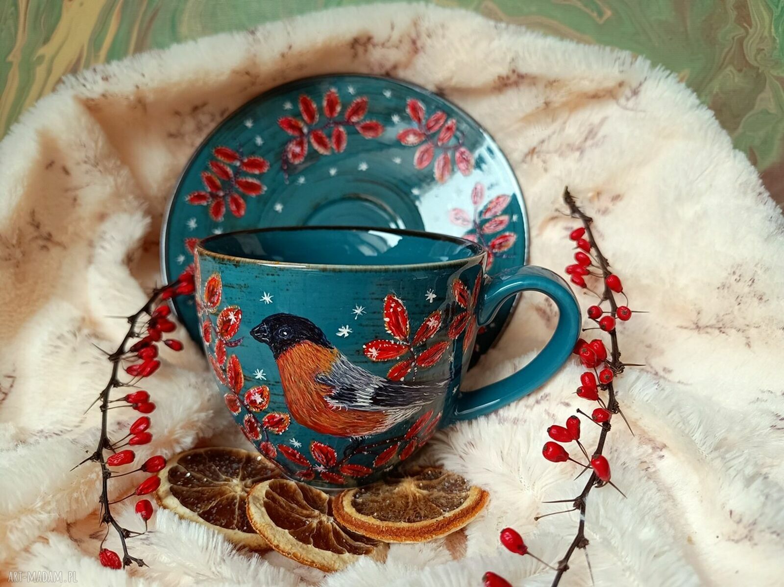 Barwny ręcznie malowany komplet z gilem 300 ml - porcelana z ptasim pejzażem