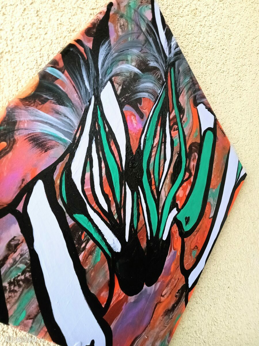 Ręcznie malowany obraz akrylowy z zebrami „Barwy miłości 62” 40x40 cm
