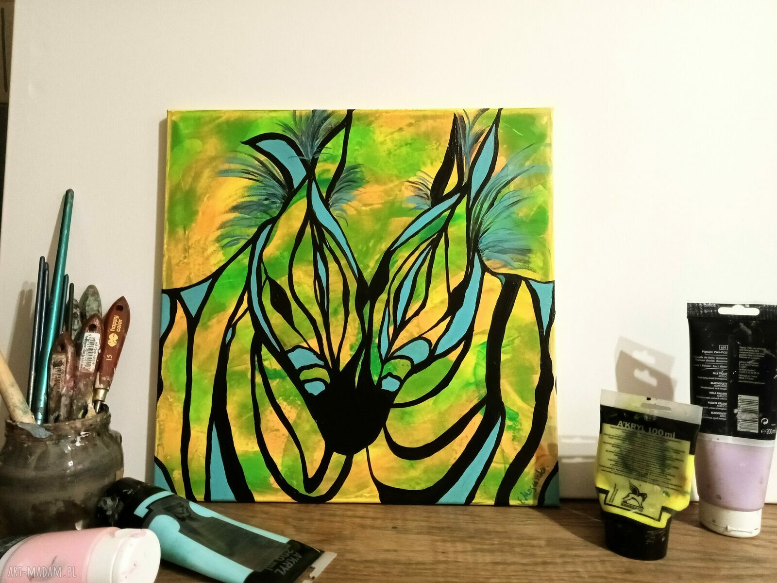 „Barwy miłości 50” - ręcznie malowany obraz akrylowy z zebrami (40x40 cm)