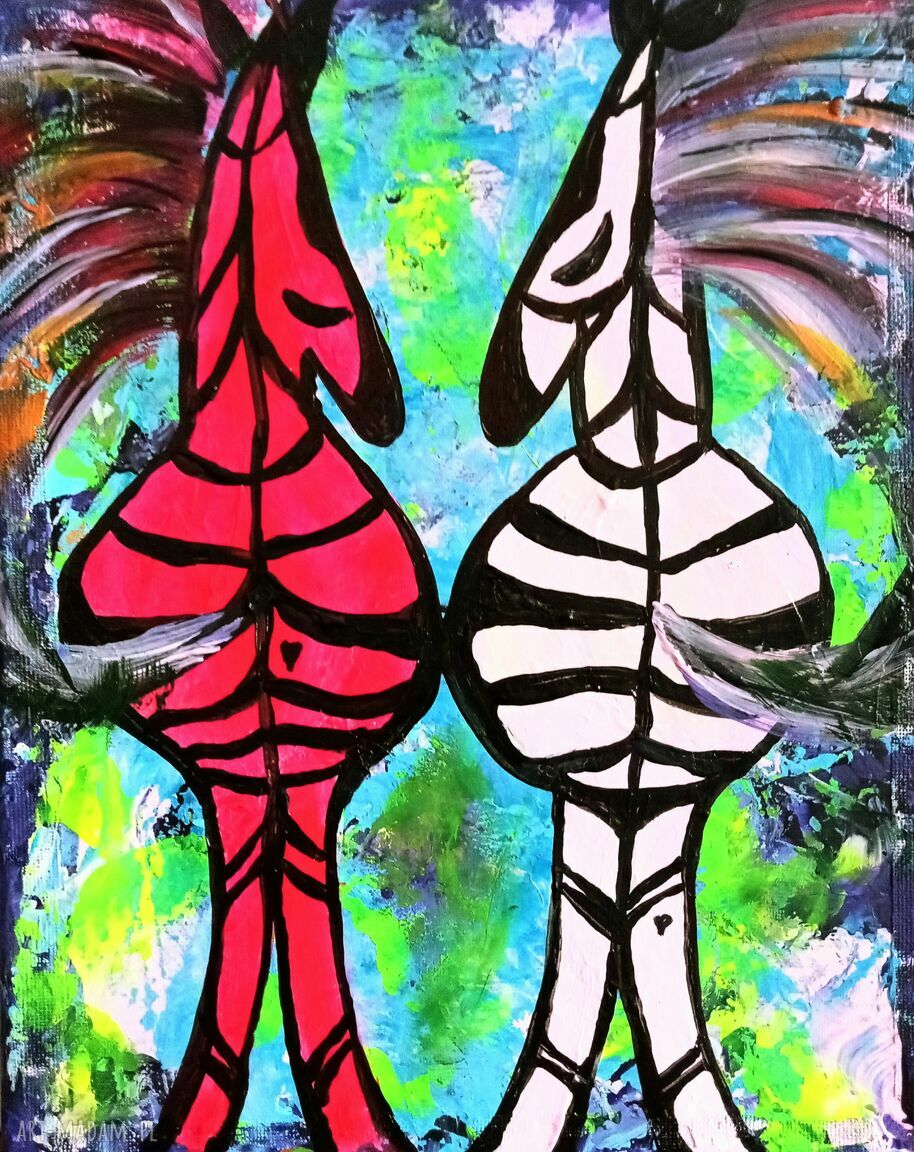 Barwy miłości 67 - ręcznie malowany obraz akrylowy z zebrami na płótnie (30x24x2 cm)