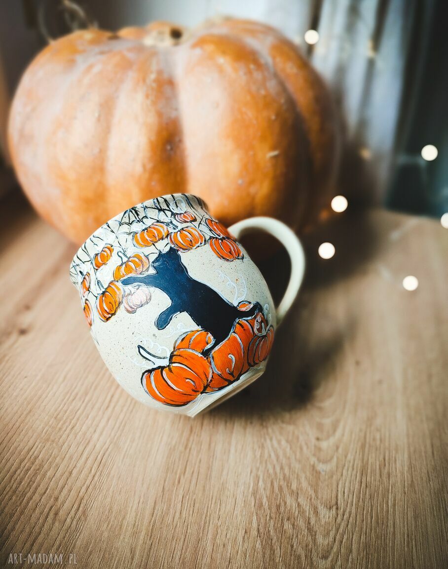 Kubek baryłka kot i dynia - ręcznie malowany ceramiczny 400 ml