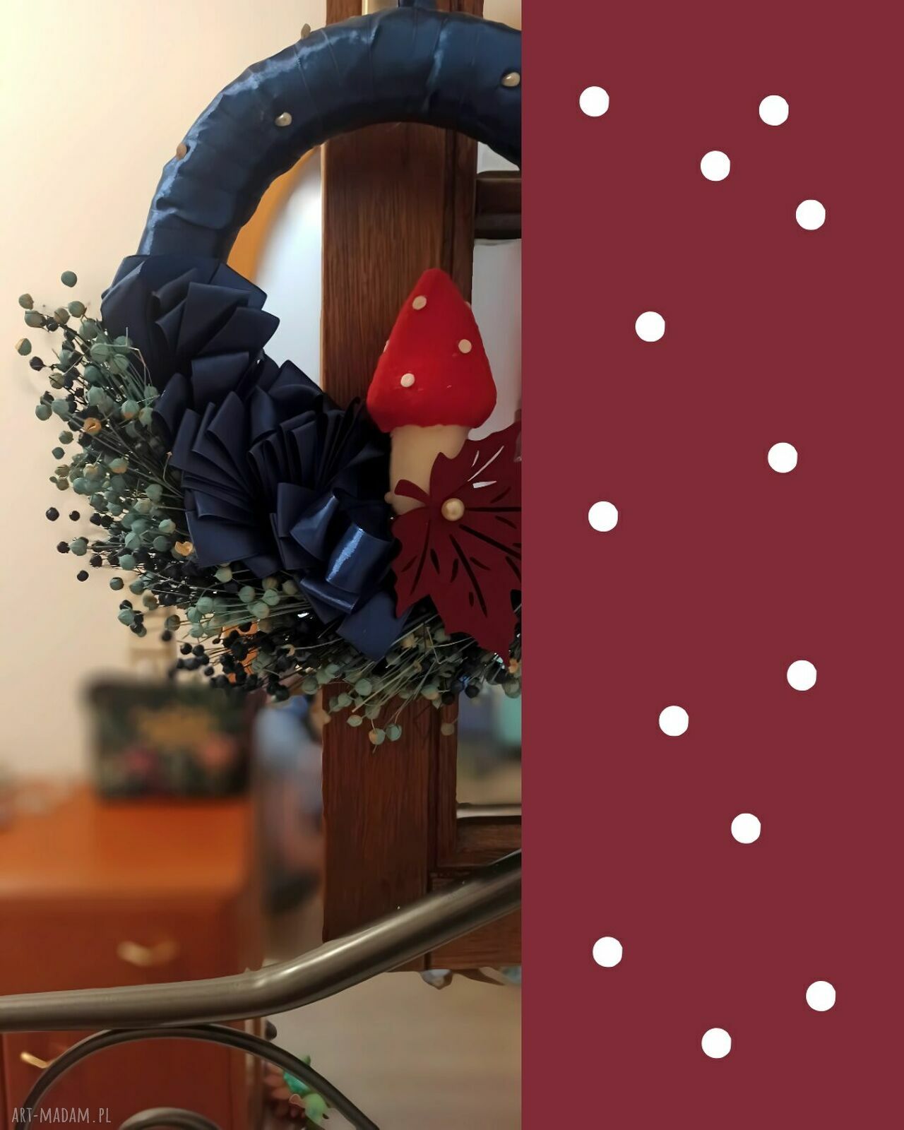 Baśniowy jesienny wianek w granacie, bordo i czerwieni - 30 cm