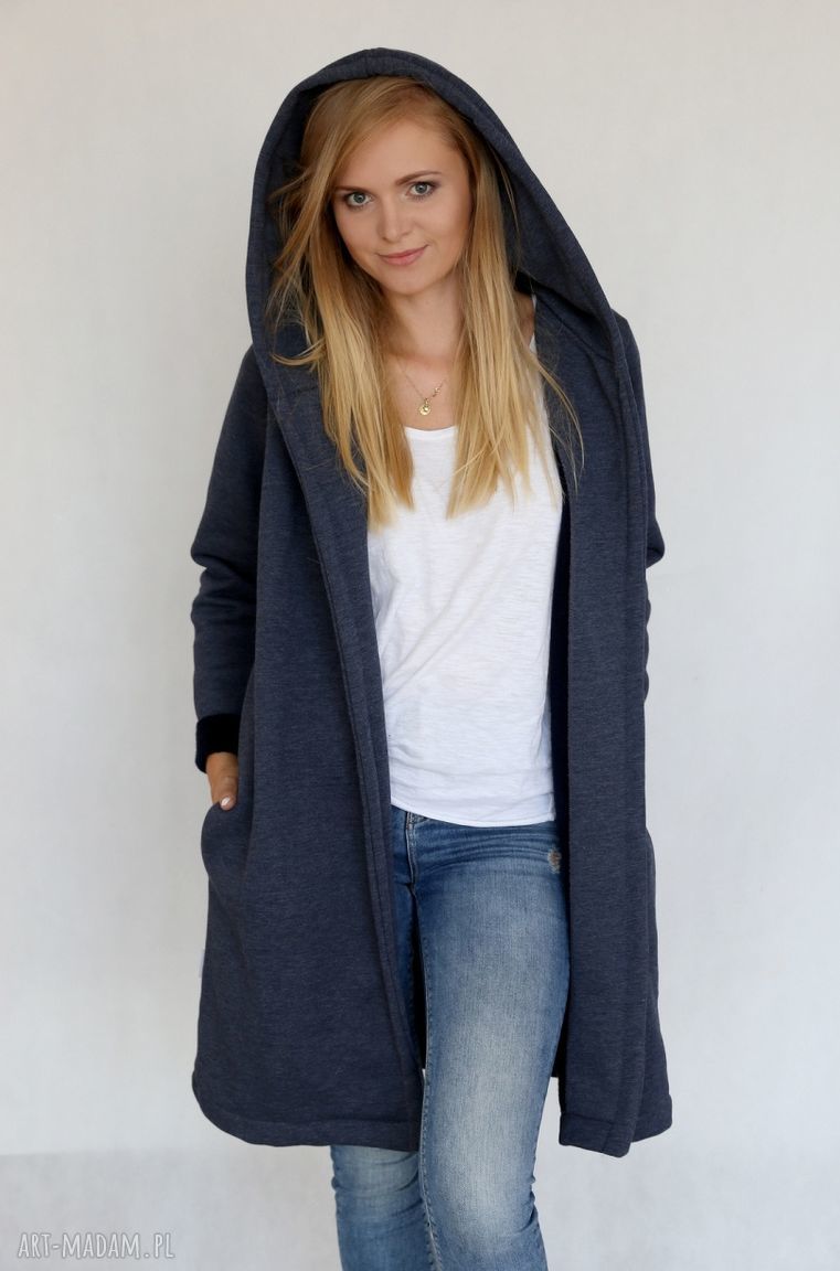 płaszcz kapturem jeansowy bawełna dzianina wiosna eko piękny