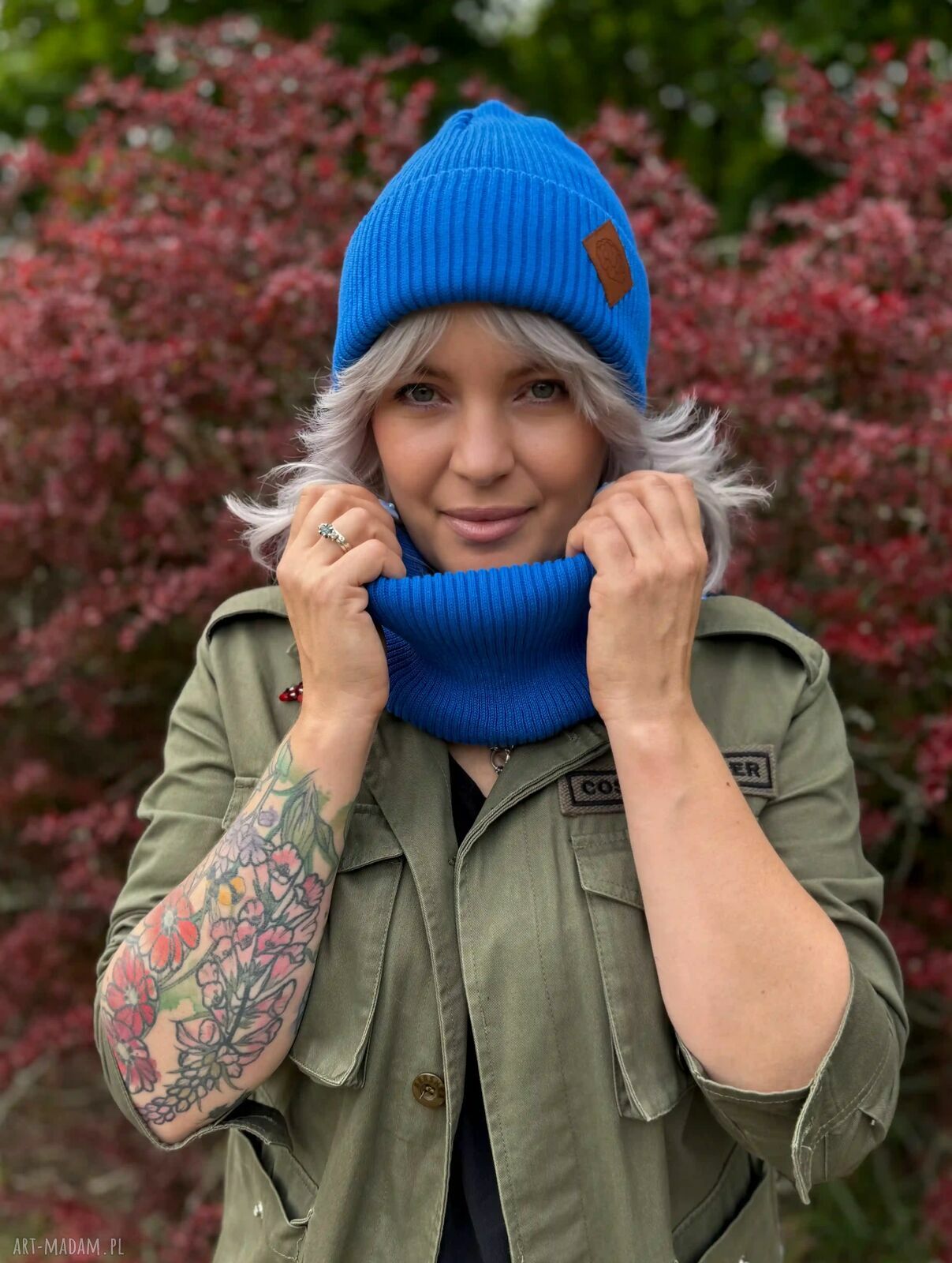 Bawełniana czapka beanie 2w1 z logo ekoskórka - Niebieski Kobalt