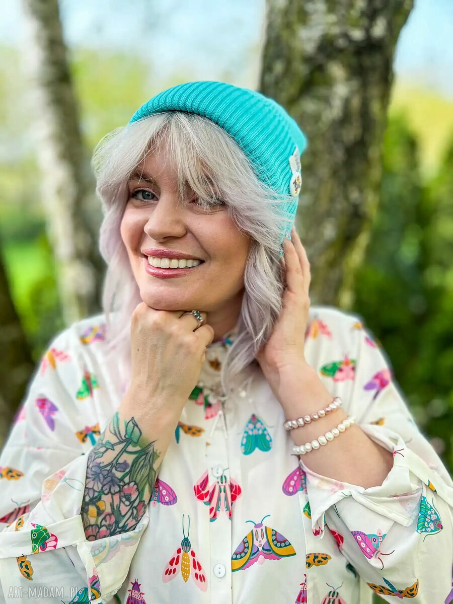 Czapka beanie z bawełny w kolorze turkusowym - logo Brain Inside na jesień