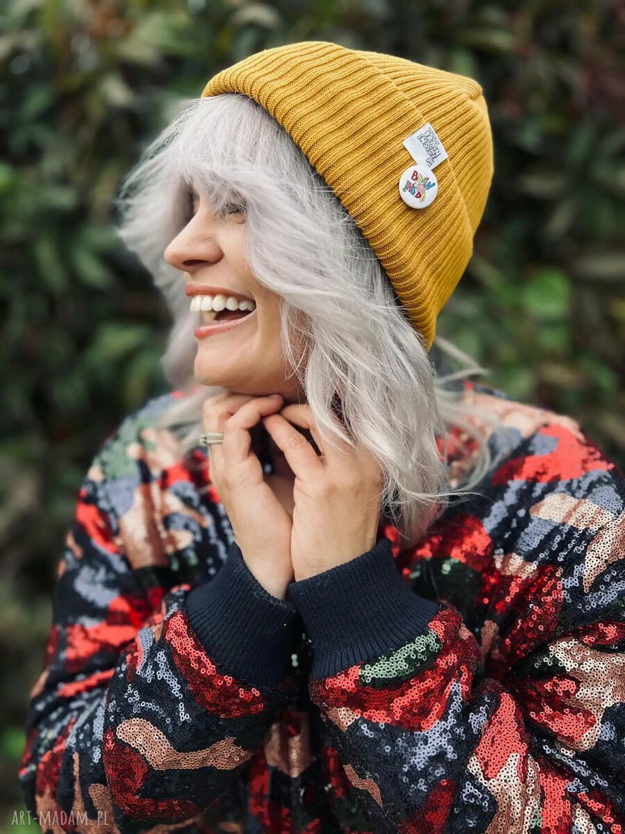 Czapka beanie z bawełny Brain Inside - miodowa musztarda z haftowanym logo